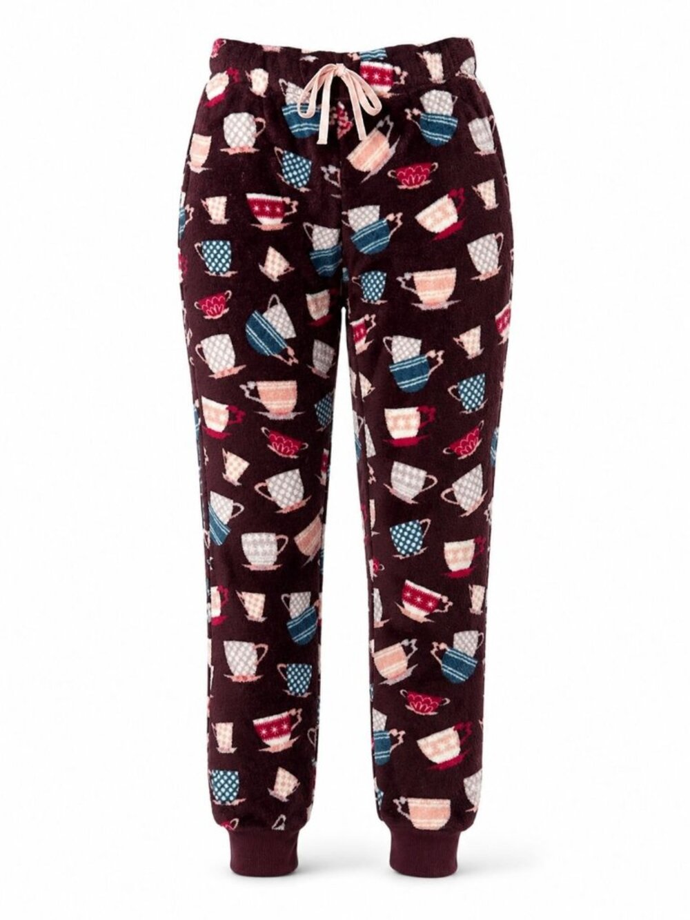 Joyspun Small Burgundy Teacup Print Cozy Drawstring Jogger Pajama Pants Relaxed